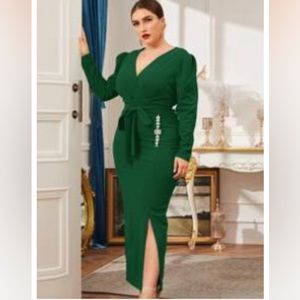 PLUS SIZE Surplice Neck Rhinestone Detail Split Hem Belted Dress